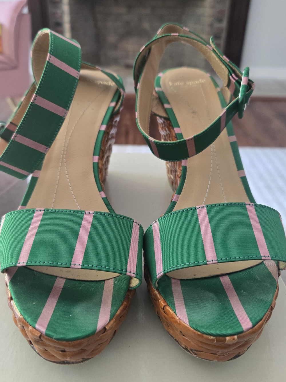 kate spade Pink & Green Striped Wedge Sandals